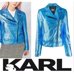 Karl Lagerfeld Shimmering / Metallic Blue Leather Jacket